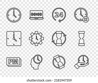 Fijar línea Reloj PM, 24 horas, Administración de horas, Viejo reloj de arena e icono. Vector