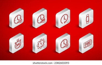 Set line Clock PM, 24 hours, Smartwatch, delete, Time Management and Stopwatch icon. Vector