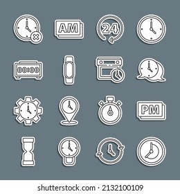 Set line Clock, PM, speech bubble, 24 hours, Smartwatch, Digital alarm clock, delete and Calendar and icon. Vector