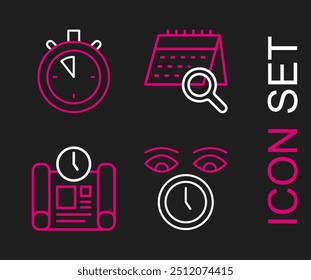 Set line Clock, Project time plan, Calendar search and Stopwatch icon. Vector