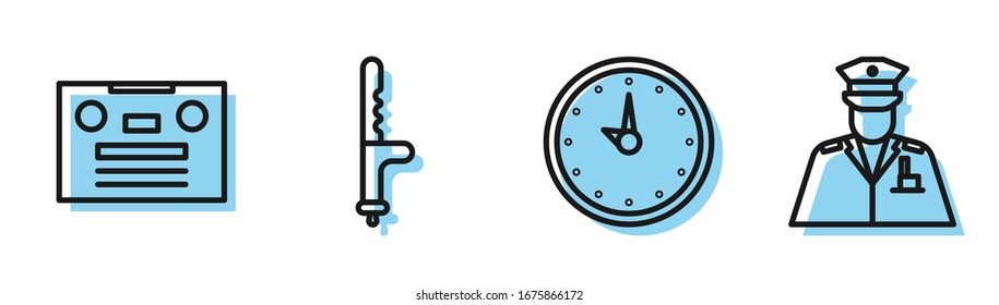 Set line Clock, Retro audio cassette tape, Police rubber baton and Police officer icon. Vector