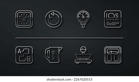 Set line Clock, Route location, Area measurement, Scales, Measuring cup, Radius, Bathroom scales and Pressure water meter icon. Vector