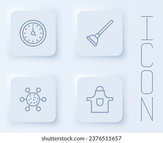 Set line Clock, Rubber plunger, Bacteria and Kitchen apron. White square button. Vector