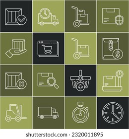 Set line Clock, Scale with cardboard box, Envelope dollar symbol, Hand truck and boxes, Online shopping on screen, Delivery hand, Wooden check mark and  icon. Vector