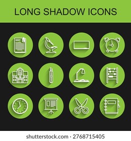Set line Clock, schedule, chart, diagram, infographic, pie graph, File document and paper clip, Scissors, Notebook, Stationery knife, Abacus and Workplace table lamp open icon. Vector