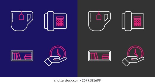 Set línea Reloj, Estante con libros, Teléfono y taza de té icono de la bolsa. Vector