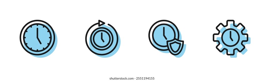Establecer línea Reloj con escudo, flecha e icono de gestión del tiempo. Vector