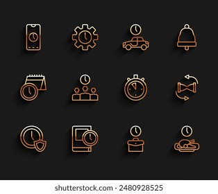 Reloj con escudo, Hora del libro, App de reloj de alarma móvil, Tiempo de trabajo, Comida, Gestión, Arena de reloj de arena viejo y Cronómetro icono. Vector