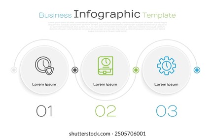 Set line Clock with shield, Time for book and Management. Business infographic template. Vector