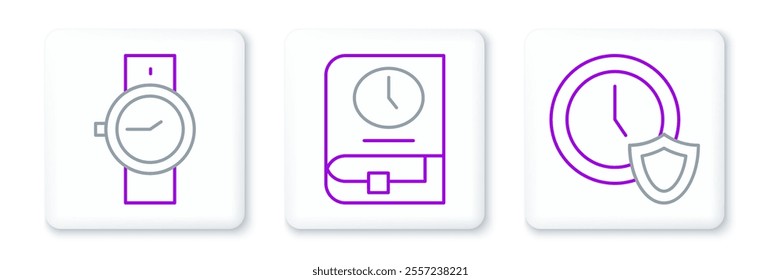 Set line Clock with shield, Wrist watch and Time for book icon. Vector