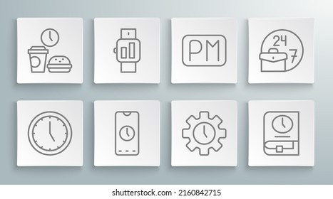 Set line Clock, Smartwatch, Alarm clock app mobile, Time Management, for book, Day time, Always busy and Fast food icon. Vector