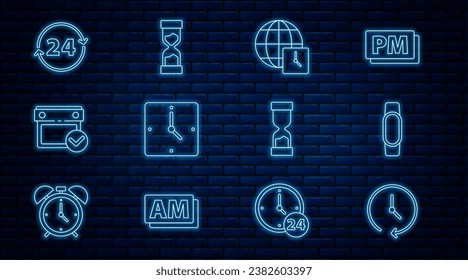 Set line Clock, Smartwatch, World time, Calendar with check mark, 24 hours, Old hourglass and  icon. Vector