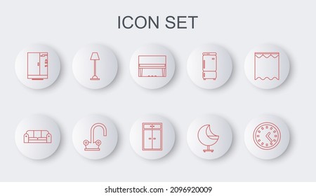 Set line Clock, Sofa, Grand piano, Armchair, Shower cabin, Floor lamp, Water tap and Wardrobe icon. Vector