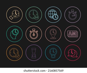Set line Clock speech bubble, AM, World time, Stopwatch, Time Management, Location with clock and 24 hours icon. Vector