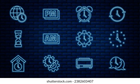 Set line Clock speech bubble, Alarm clock, AM, Old hourglass, World time, Time Management and PM icon. Vector