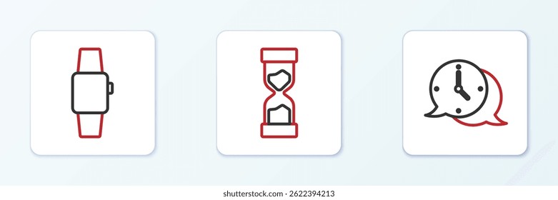 Set line Clock speech bubble, Smartwatch and Old hourglass icon. Vector