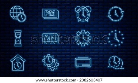 Set line Clock speech bubble, Alarm clock, AM, Old hourglass, World time, Time Management and PM icon. Vector