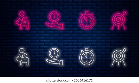 Set line Clock, Stopwatch, Piggy bank with coin and Target sport. Glowing neon icon on brick wall. Vector