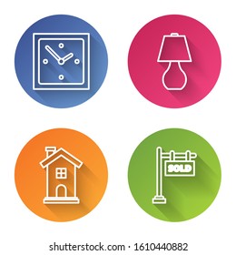 Set line Clock, Table lamp, Home symbol and Hanging sign with text Sold. Color circle button. Vector