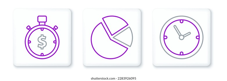 Set line Clock, Time is money and Pie chart infographic icon. Vector