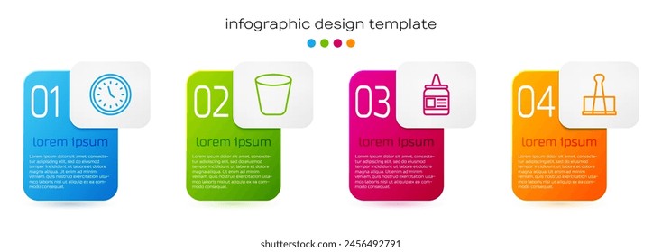 Set line Clock, Trash can, Glue and Binder clip. Business infographic template. Vector