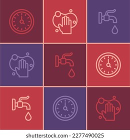 Set line Clock, Water tap and Sponge icon. Vector