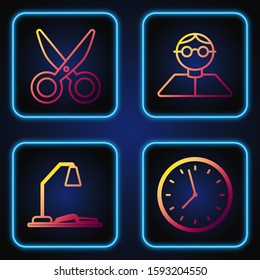 Set line Clock, Workplace with table lamp and open book, Scissors and Student. Gradient color icons. Vector