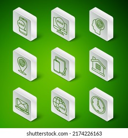 Set line Clock, World map made from speech bubble, Chat messages notification on phone, Phone and graphic tablet, Location mail e-mail, monitor, Laptop with envelope and House icon. Vector