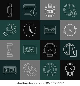 Ajuste el reloj de línea, hora mundial, Stopwatch 24 horas, Smartwatch y el icono de la laptop. Vector