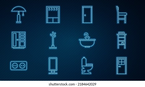 Set line Closed door, Bathroom rack with shelves for towels, Coat stand, Wardrobe, Table lamp, Washbasin water tap and  icon. Vector