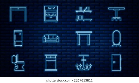 Fijar la línea Puerta cerrada, Gran espejo de cuerpo entero, Estanque con libros, Sofá, Refrigerador, Mesa de madera y Icono de la lavadora de cocina. Vector