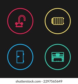 Set line Closed door, Grand piano, Heating radiator and Water tap icon. Vector