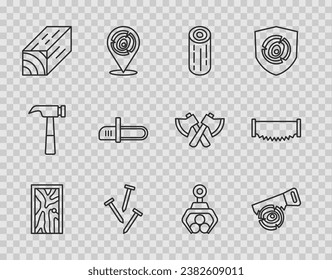 Set line Closed door, Hand saw and log, Wooden logs, Metallic nails, beam, Chainsaw, Grapple crane grabbed and Two-handed icon. Vector