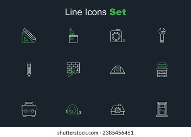 Set line Closed door, House, Roulette construction, Toolbox, Chimney, Worker safety helmet, Brick wall with trowel and Pencil eraser icon. Vector