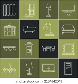 Set line Closed door, Makeup mirror with lights, Sofa, Floor lamp, Bathtub, Washbasin cabinet tap, Heating radiator and Table icon. Vector
