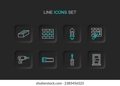 Set line Closed door, Screwdriver, Hand saw, Electric drill machine, Brick wall with trowel, Light bulb, Bricks and  icon. Vector