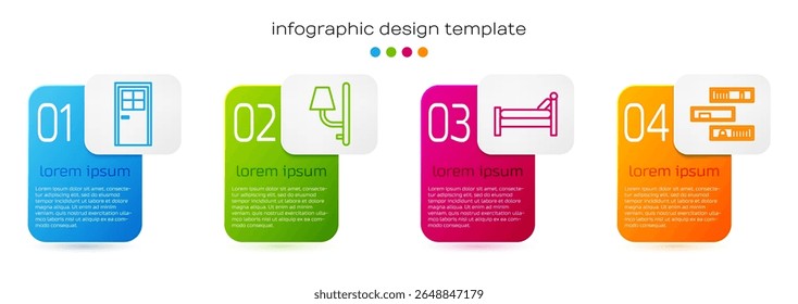 Set line Closed door, Wall sconce, Bed and Shelf with books. Business infographic template. Vector