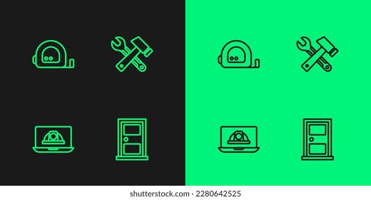 Fijar la puerta cerrada, casco de seguridad de los trabajadores, construcción de la ruleta y icono de martillo y llave inglesa. Vector