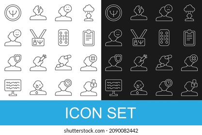Línea Personalidad cerrada, Problema de solución en psicología, Prueba psicológica, Hombre triste y deprimido, mal humor, Psicología, Icono de buenas y sedantes píldoras. Vector