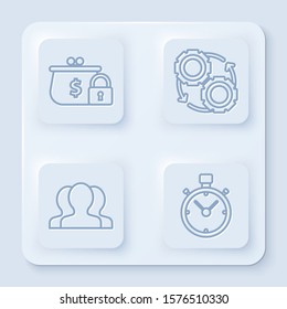 Set line Closed wallet with lock, Gear and arrows as workflow process concept, Users group and Stopwatch. White square button. Vector