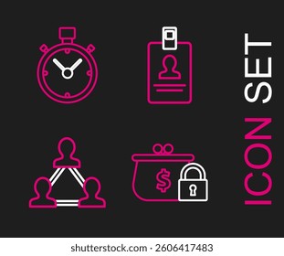 Set line Closed wallet with lock, Project team base, Identification badge and Stopwatch icon. Vector