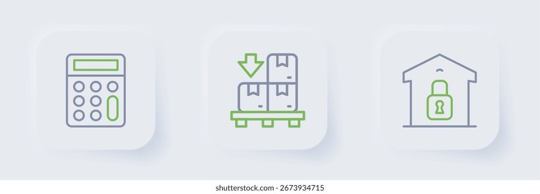 Set line Closed warehouse, Cardboard boxes on pallet and Calculator icon. Vector