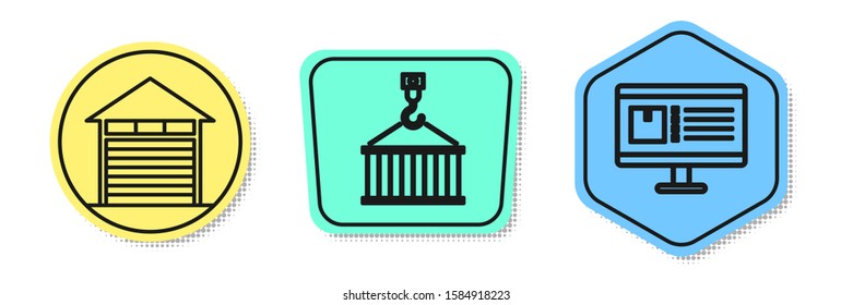 Set line Closed warehouse , Container on crane and Computer monitor with app delivery tracking . Colored shapes. Vector