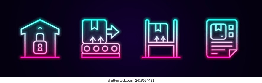 Set line Closed warehouse, Conveyor belt with box, Warehouse interior boxes and Waybill. Glowing neon icon. Vector