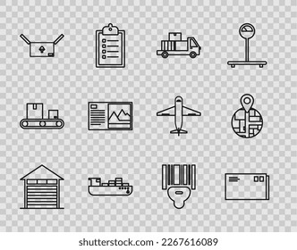Fijar línea Almacén cerrado, Sobre, Camión de entrega con cajas de cartón, Servicio de envío de carga, Símbolo de tráfico de cartón, Postal, Código de barra de escaneo del escáner e icono. Vector