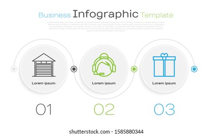 Set line Closed warehouse , Support operator in touch and Gift box . Business infographic template. Vector