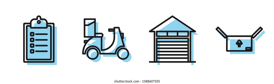 Set line Closed warehouse , Verification of delivery list clipboard , Scooter delivery  and Cardboard box with traffic symbol  icon. Vector