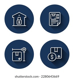 Set line Closed warehouse, Waybill, Cardboard box measurement and Carton cardboard with long shadow. Blue circle button. Vector