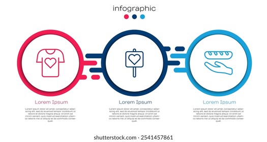 Set line Donación de ropa, Locación con corazón y Donación de alimentos. Plantilla de infografía de negocios. Vector