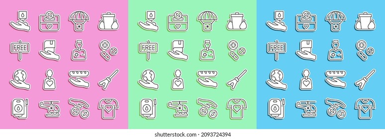 Fijar línea de donación de ropa, Mop, píldora o tablet de Medicina, ayuda humanitaria, libro, signo libre, sangre y médico masculino icono. Vector